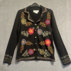 Jack B. Quick Embroidered Floral Cardigan Size S Black Craftcore Art to Wear